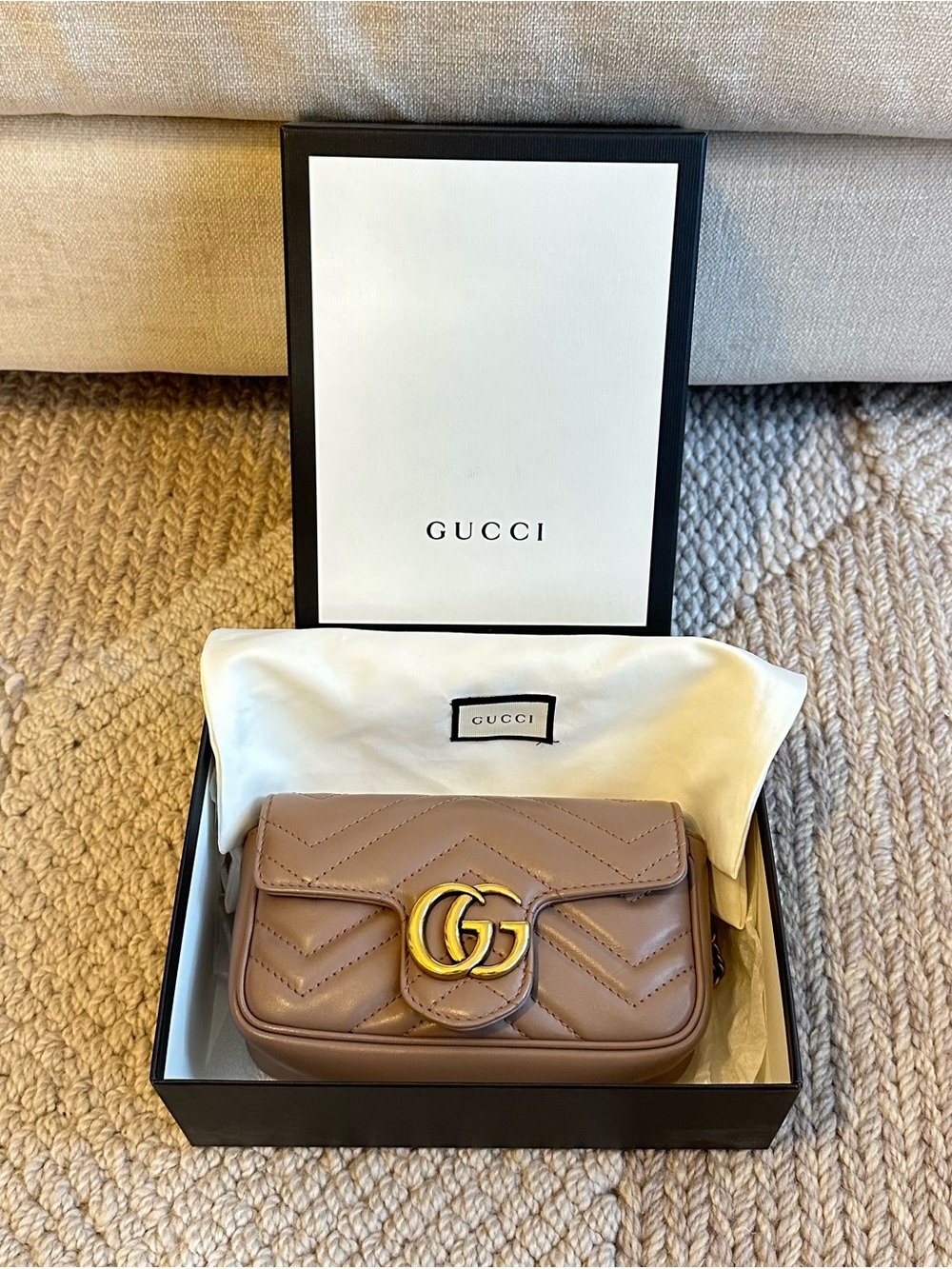 Gucci Mini Matelassé Shoulder Bag in Taupe with Gold Hardware